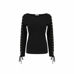 Dex Black Lace Up Sleeve Boat Neck Ribbed Knit Sweater Top Womens Size Small